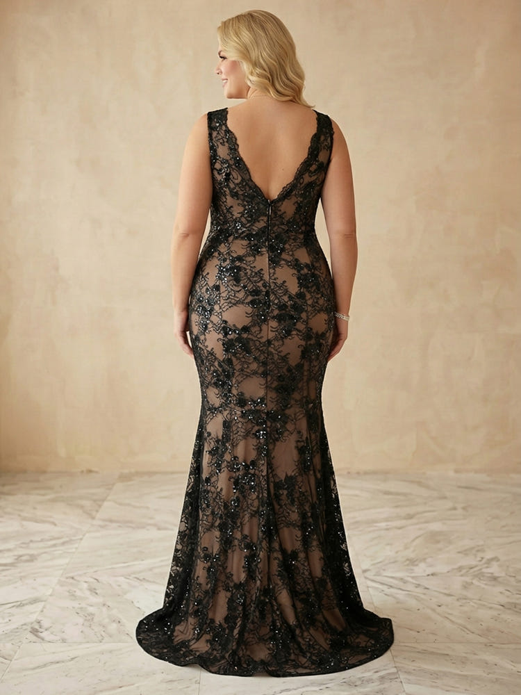 Mesh Mermaid V Neck Maxi Plus Size Dresses with Sequin Embroidery