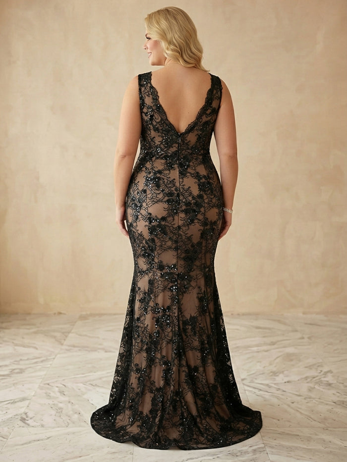 Mesh Mermaid V Neck Maxi Plus Size Dresses with Sequin Embroidery