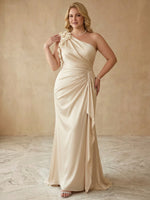 Satin Mermaid One Shoulder Maxi Plus Size Dresses with Side Waist Ruched