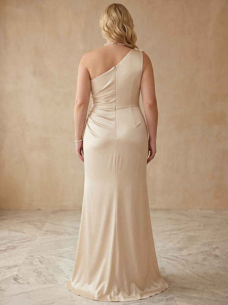 Satin Mermaid One Shoulder Maxi Plus Size Dresses with Side Waist Ruched