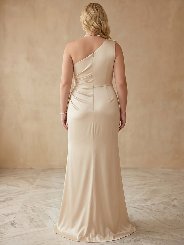 Satin Mermaid One Shoulder Maxi Plus Size Dresses with Side Waist Ruched