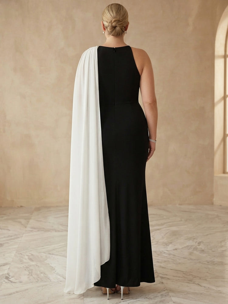 Jersey Mermaid One Shoulder Maxi Plus Size Dresses with Flowing Sash
