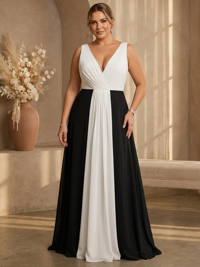 Jersey A-Line V Neck Maxi Plus Size Dresses with Flowing Sash