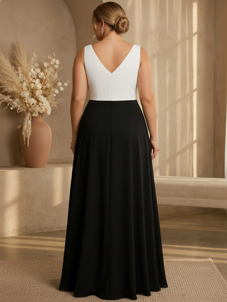 Jersey A-Line V Neck Maxi Plus Size Dresses with Flowing Sash