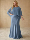 Satin A-Line Boat Neck Maxi Plus Size Dresses with Sheer Chiffon Flowing Cape