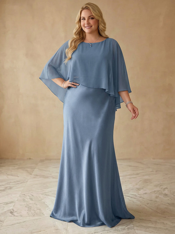 Satin A-Line Boat Neck Maxi Plus Size Dresses with Sheer Chiffon Flowing Cape