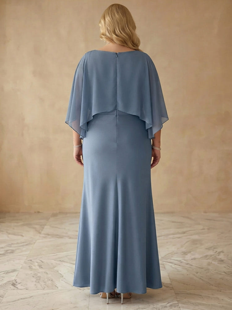 Satin A-Line Boat Neck Maxi Plus Size Dresses with Sheer Chiffon Flowing Cape