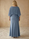 Satin A-Line Boat Neck Maxi Plus Size Dresses with Sheer Chiffon Flowing Cape