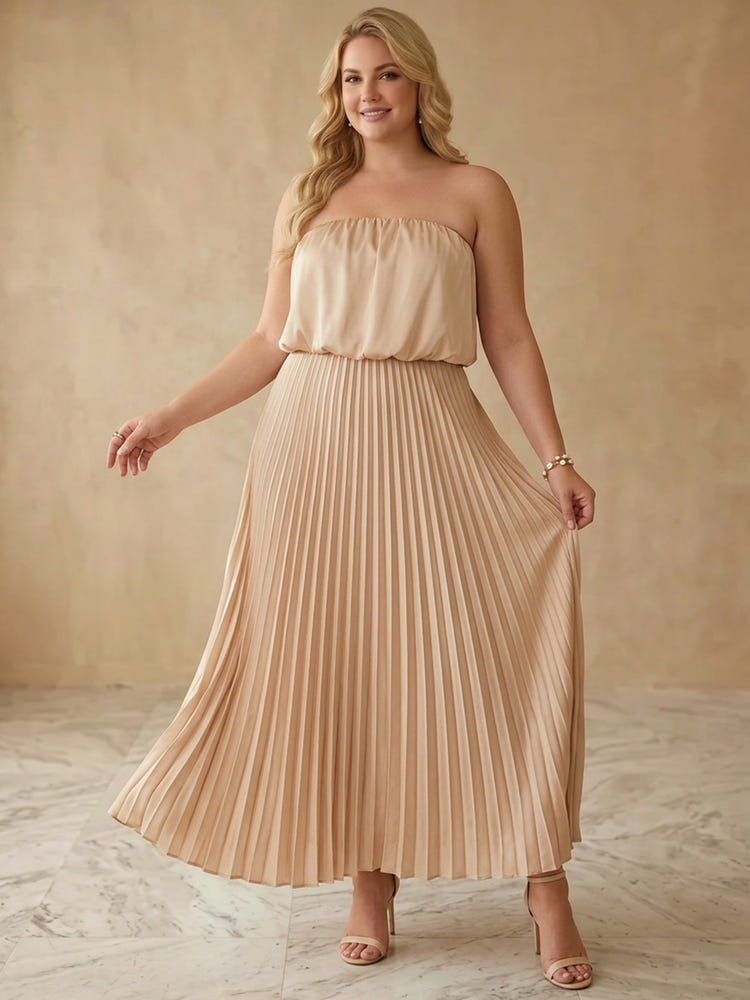 Chiffon A-Line Strapless Maxi Plus Size Dresses with Delicate Pleated