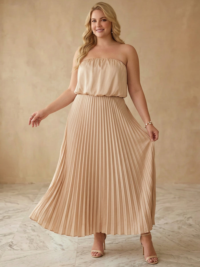 Chiffon A-Line Strapless Maxi Plus Size Dresses with Delicate Pleated