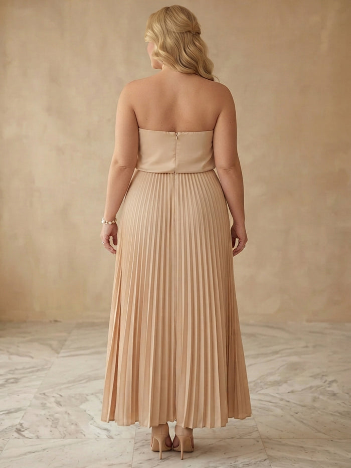 Chiffon A-Line Strapless Maxi Plus Size Dresses with Delicate Pleated