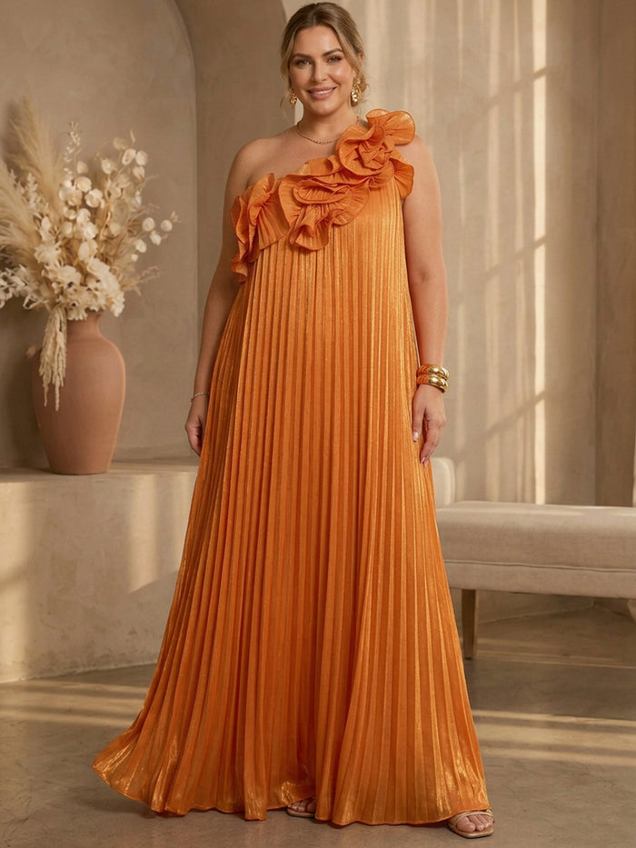 Mesh A-Line One Shoulder Maxi Plus Size Dresses with Delicate Pleated