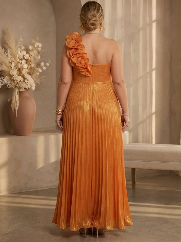 Mesh A-Line One Shoulder Maxi Plus Size Dresses with Delicate Pleated