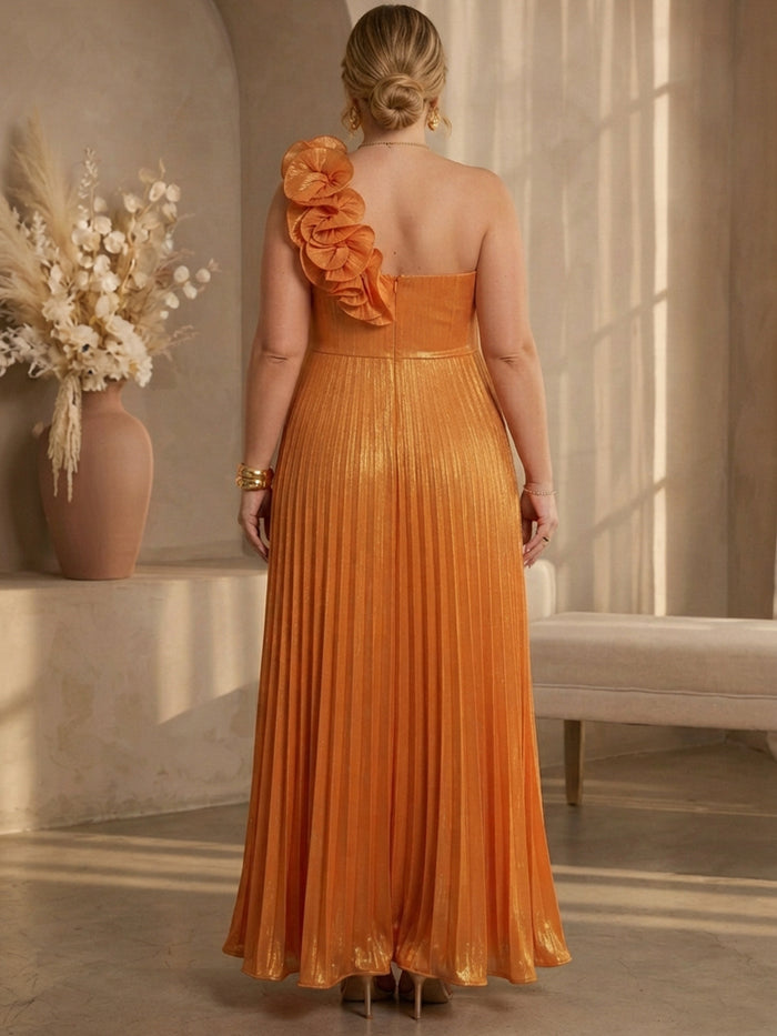 Mesh A-Line One Shoulder Maxi Plus Size Dresses with Delicate Pleated