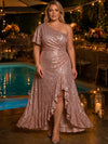 Sequins A-Line One Shoulder Maxi Plus Size Dresses with Ruffles