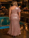 Sequins A-Line One Shoulder Maxi Plus Size Dresses with Ruffles