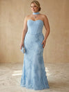 Mesh Mermaid Strapless Maxi Plus Size Dresses with Floral Embroidery