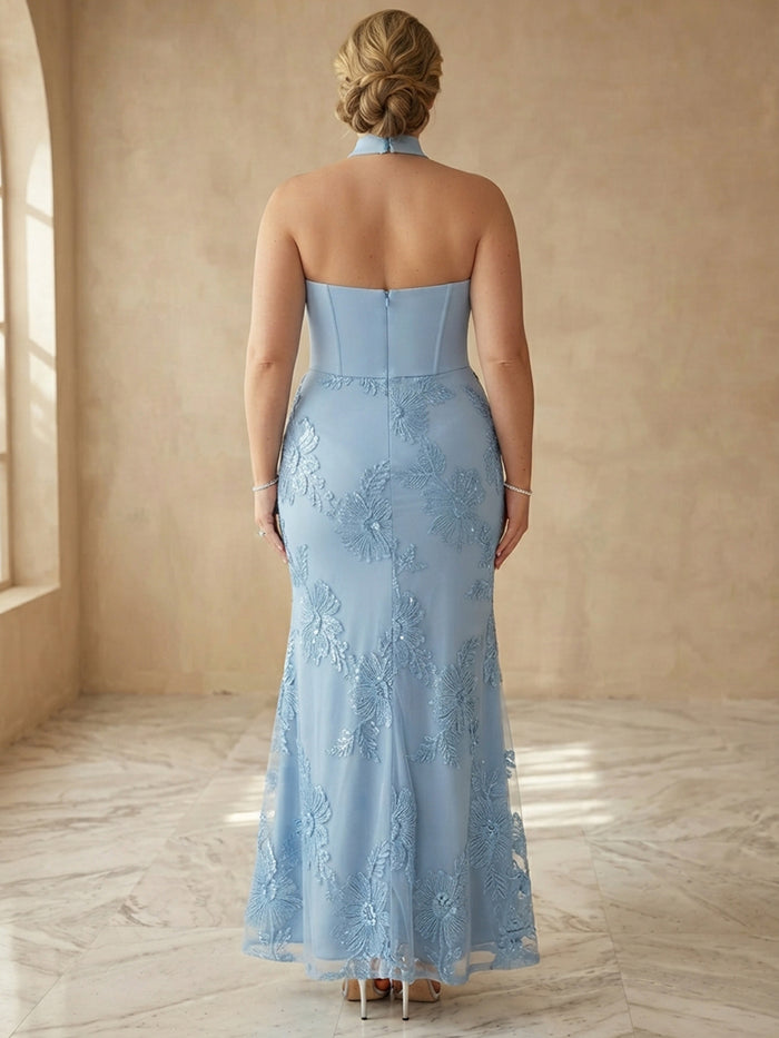 Mesh Mermaid Strapless Maxi Plus Size Dresses with Floral Embroidery