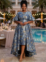 Jacquard A-Line Boat Neck Maxi Plus Size Dresses with Pleated