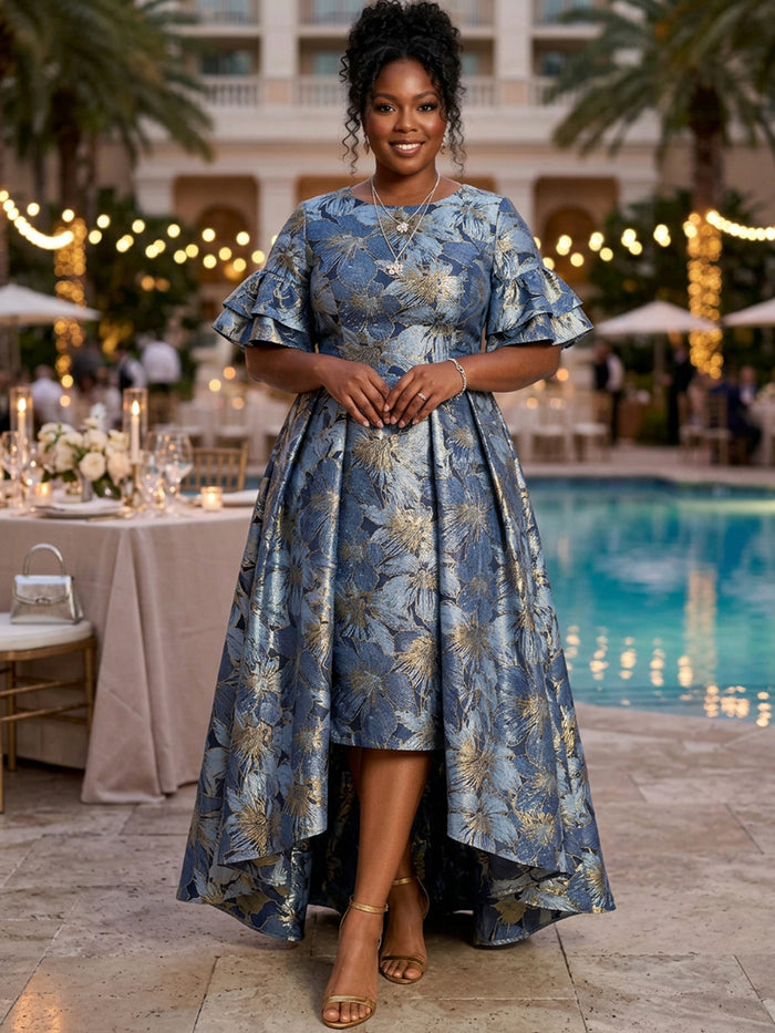 Jacquard A-Line Boat Neck Maxi Plus Size Dresses with Pleated