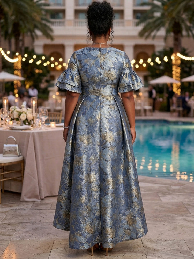 Jacquard A-Line Boat Neck Maxi Plus Size Dresses with Pleated