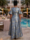 Jacquard A-Line Boat Neck Maxi Plus Size Dresses with Pleated