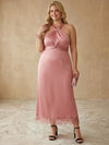 Satin A-Line Halter Midi Plus Size Dresses with Twisted Knot