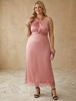 Satin A-Line Halter Midi Plus Size Dresses with Twisted Knot