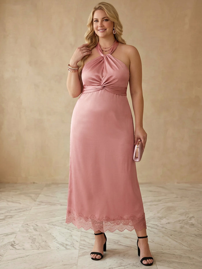 Satin A-Line Halter Midi Plus Size Dresses with Twisted Knot