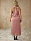 Satin A-Line Halter Midi Plus Size Dresses with Twisted Knot