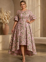 Jacquard A-Line Crew Neck Midi Plus Size Dresses with Pleated