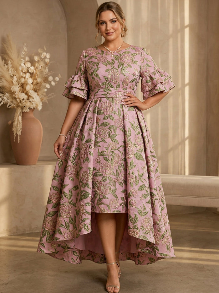 Jacquard A-Line Crew Neck Midi Plus Size Dresses with Pleated