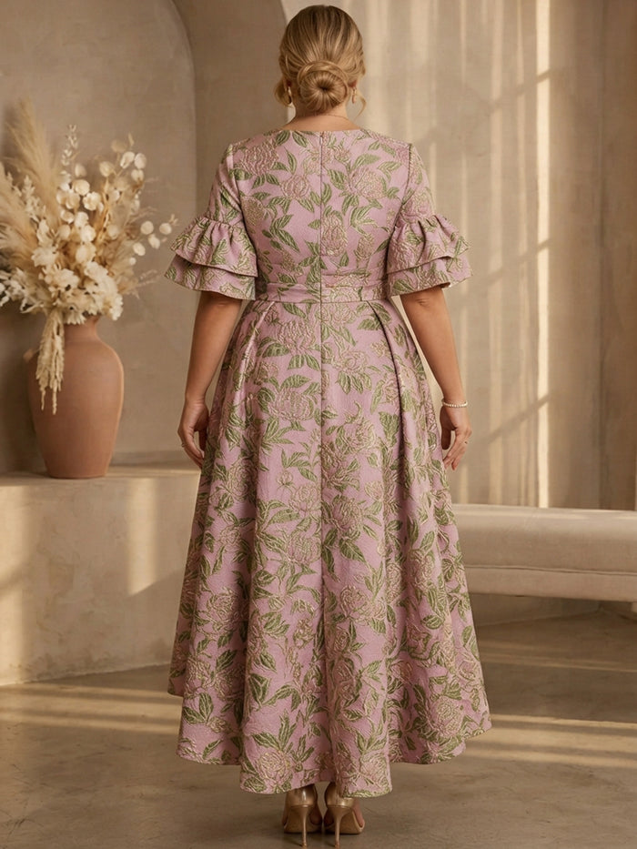 Jacquard A-Line Crew Neck Midi Plus Size Dresses with Pleated