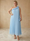 Chiffon A-Line One Shoulder Midi Plus Size Dresses with Delicate Pleated