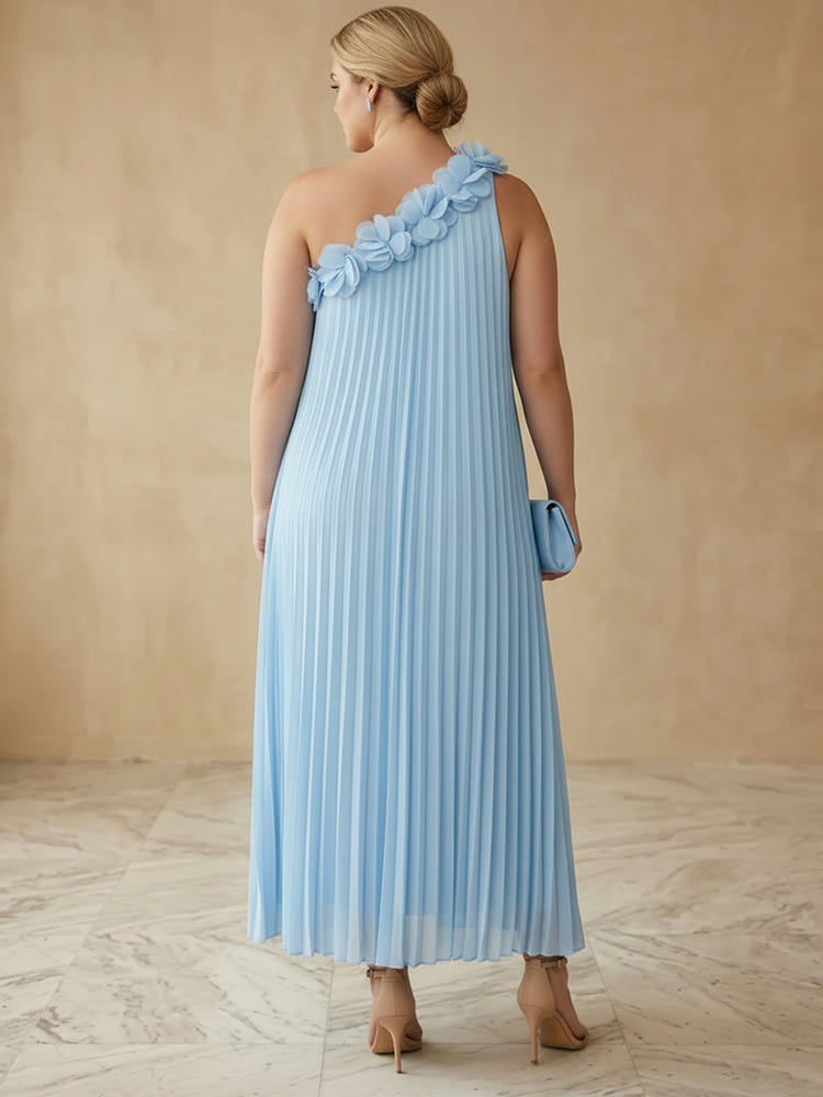 Chiffon A-Line One Shoulder Midi Plus Size Dresses with Delicate Pleated