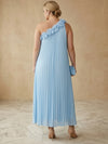 Chiffon A-Line One Shoulder Midi Plus Size Dresses with Delicate Pleated