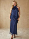 Satin Sheath Halter Midi Plus Size Dresses with Lace Hem
