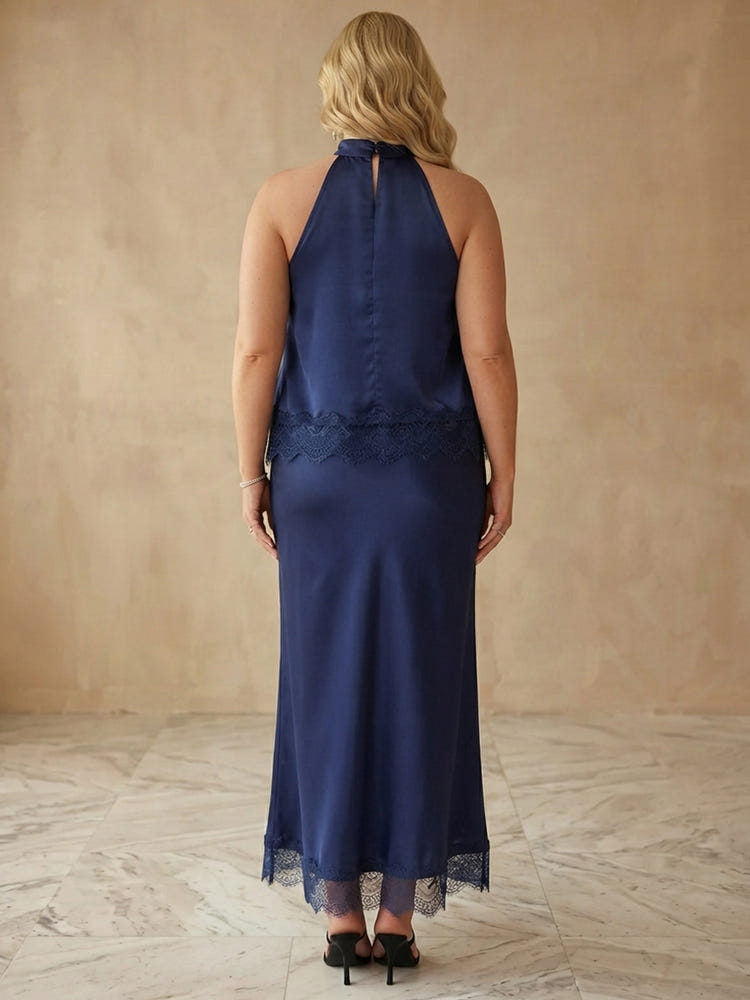 Satin Sheath Halter Midi Plus Size Dresses with Lace Hem