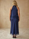 Satin Sheath Halter Midi Plus Size Dresses with Lace Hem