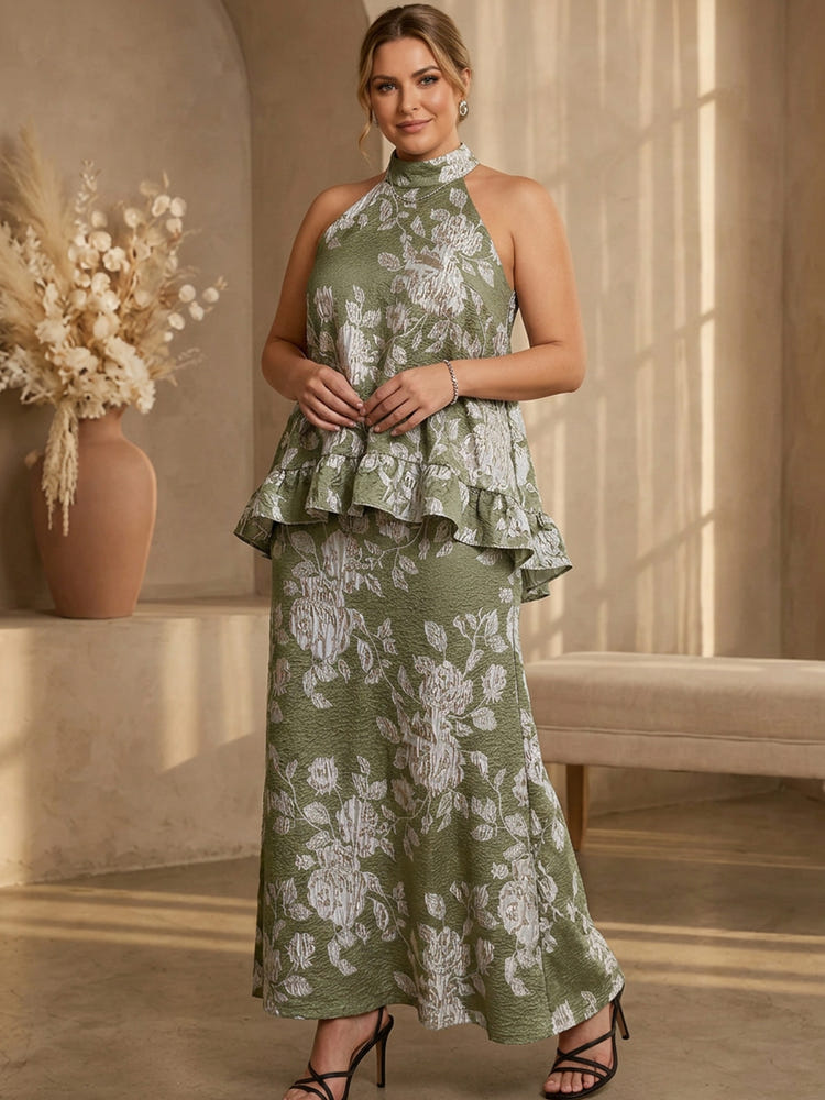 Jacquard A-Line High Neck Maxi Plus Size Dresses with Ruffles