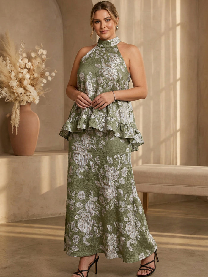 Jacquard A-Line High Neck Maxi Plus Size Dresses with Ruffles
