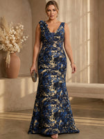 Jacquard Mermaid V Neck Maxi Plus Size Dresses with 3D Flowers