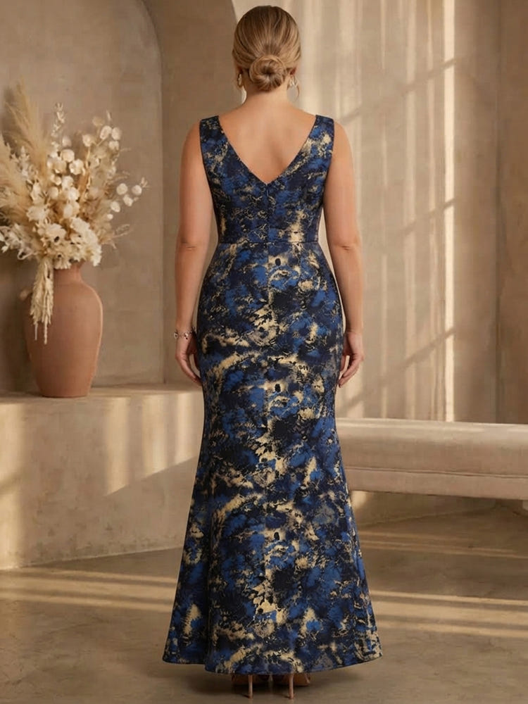 Jacquard Mermaid V Neck Maxi Plus Size Dresses with 3D Flowers