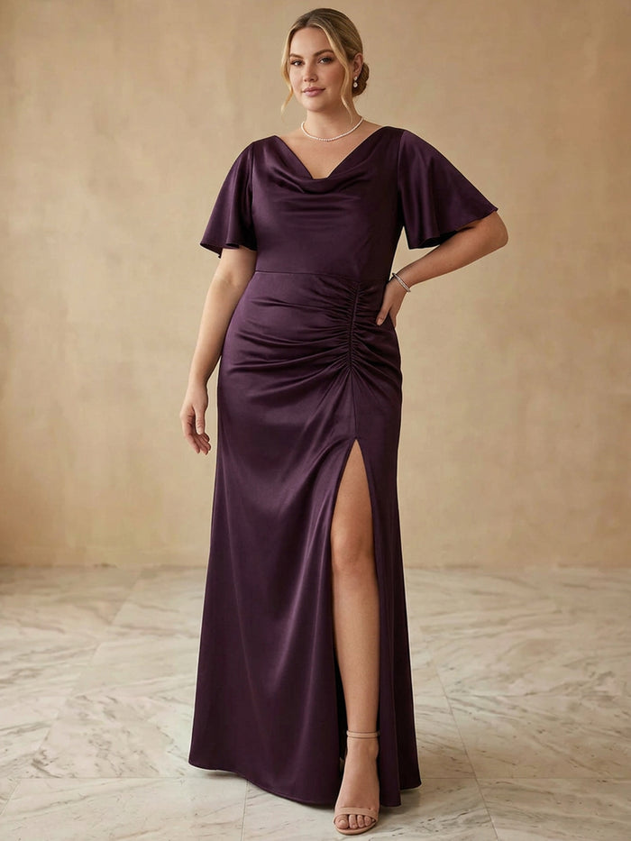 Satin A-Line Cowl Neck Maxi Plus Size Dresses with Side Slit