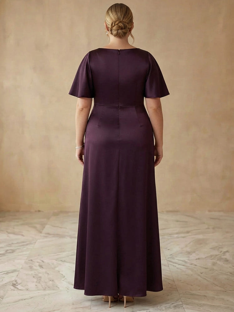 Satin A-Line Cowl Neck Maxi Plus Size Dresses with Side Slit
