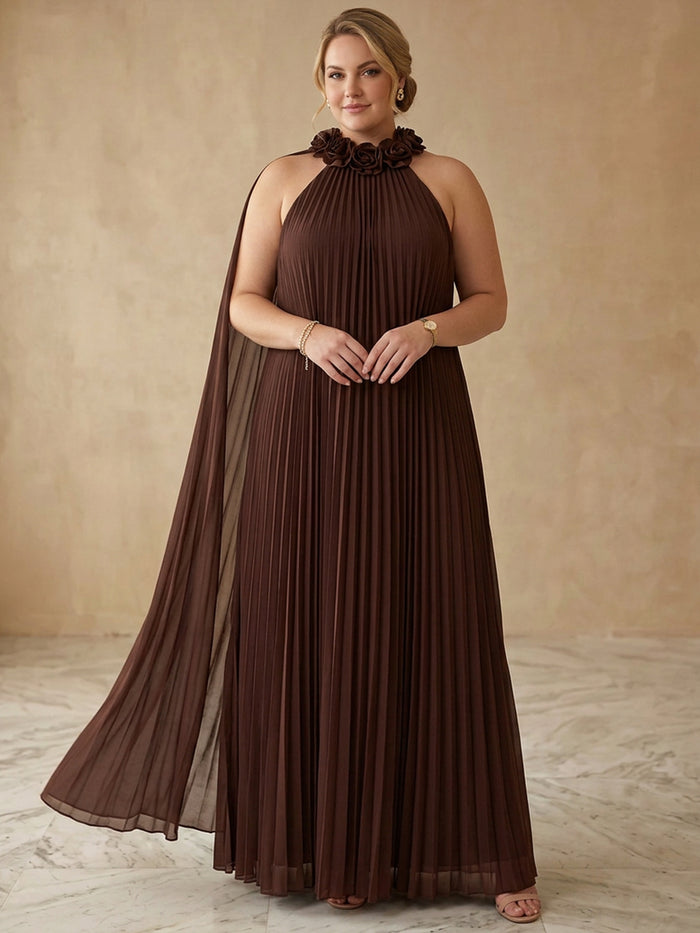 Chiffon A-Line Halter Maxi Plus Size Dresses with 3D Flowers