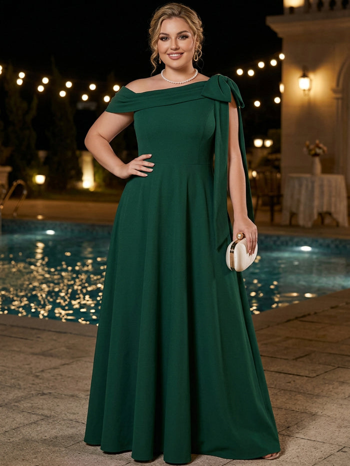 Jersey A-Line One Shoulder Maxi Plus Size Dresses with Bow