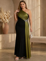Jersey A-Line One Shoulder Maxi Plus Size Dresses with Draped Shiny Chiffon Overlay
