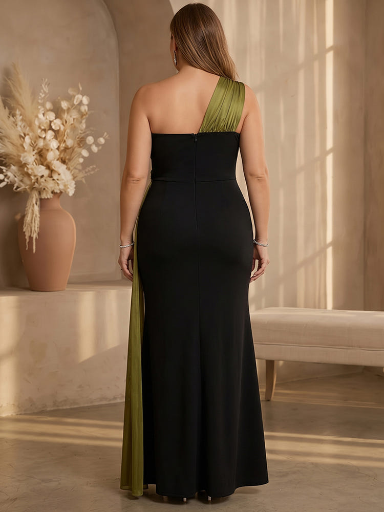 Jersey A-Line One Shoulder Maxi Plus Size Dresses with Draped Shiny Chiffon Overlay