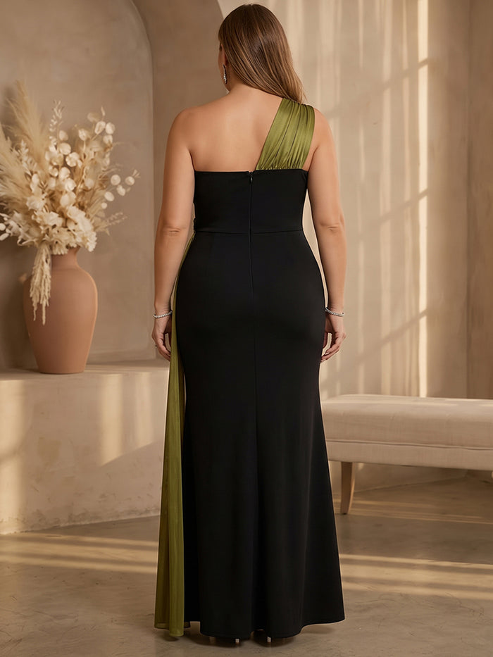 Jersey A-Line One Shoulder Maxi Plus Size Dresses with Draped Shiny Chiffon Overlay